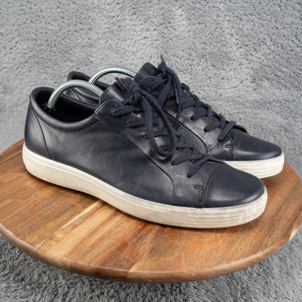 ECCO Men's 10 Navy Leather Lace-Up Sneakers White Sole Casual Comfort